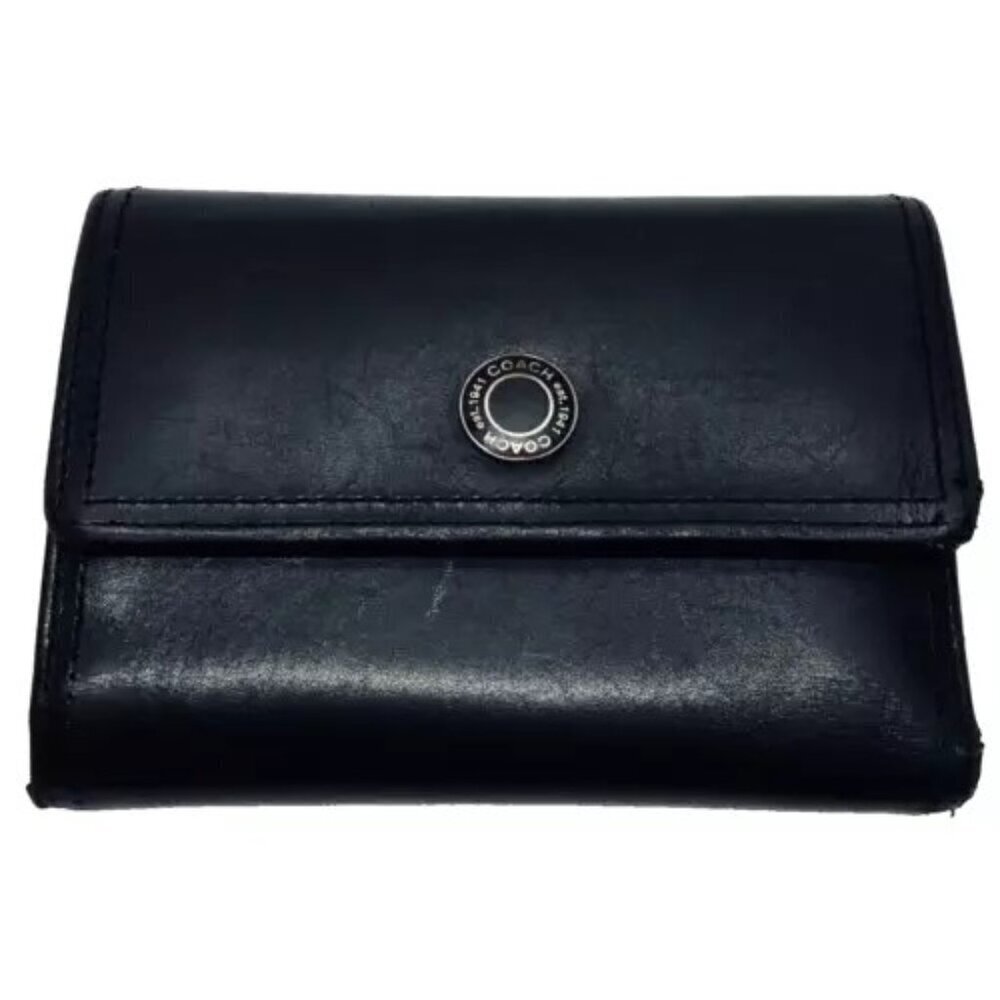 Coach Women's Black Leather Trifold Wallet Snap Front Medium Size Good Condition
